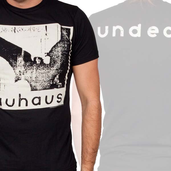 Bauhaus- Bela Lugosi's Dead (Bat) on front, Undead on back on a black ringspun cotton shirt