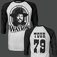 Waylon Jennings- Pic on front, Tour 79 on back on a white body/black 3/4 Sleeve Raglan Shirt