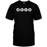 Devo- White Or Silver Logo on front, Energy Dome on sleeve on a black ringspun cotton shirt (Sale price!)