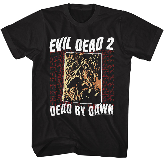 Evil Dead 2- Repeating Logo & Necronomicon on a black ringspun cotton shirt