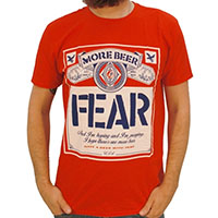 Fear- More Beer (Beer Label) on a red ringspun cotton shirt