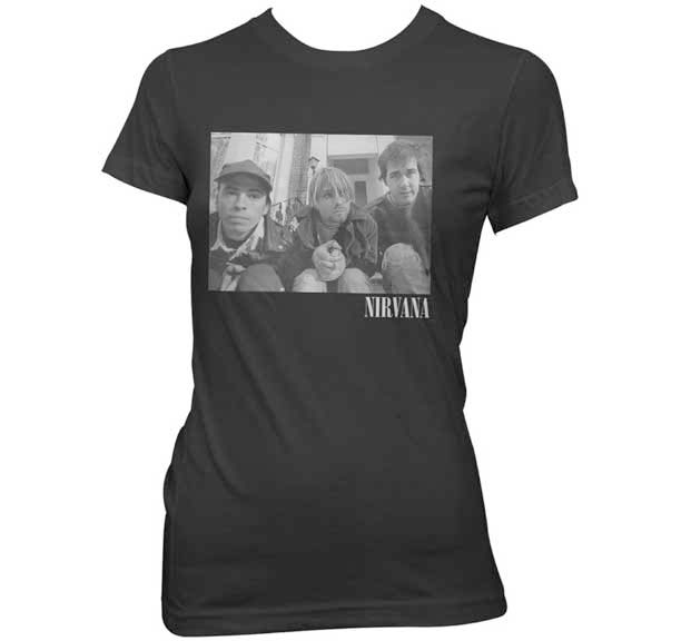 Nirvana- Band On Stairs on a black girls fitted shirt