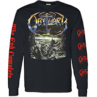 Obituary- The End Complete on front, Logos on sleeve on a black long sleeve shirt