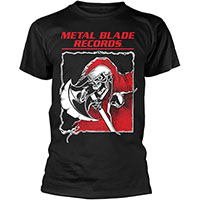 Metal Blade Records- Reaper on front, Heavy Metal Will Never Die on back on a black shirt 