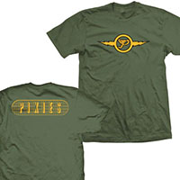 Pixies- Lightning on front, Logo on back on an army green shirt