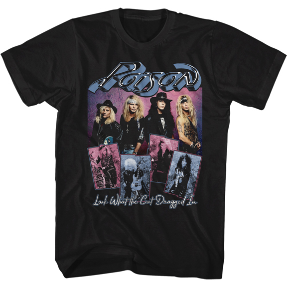 Poison- Look What The Cat Dragged In (Pink & Blue Band Pics) on a black ringspun cotton shirt