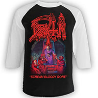 Death- Scream Bloody Gore on a black/white 3/4 sleeve raglan shirt