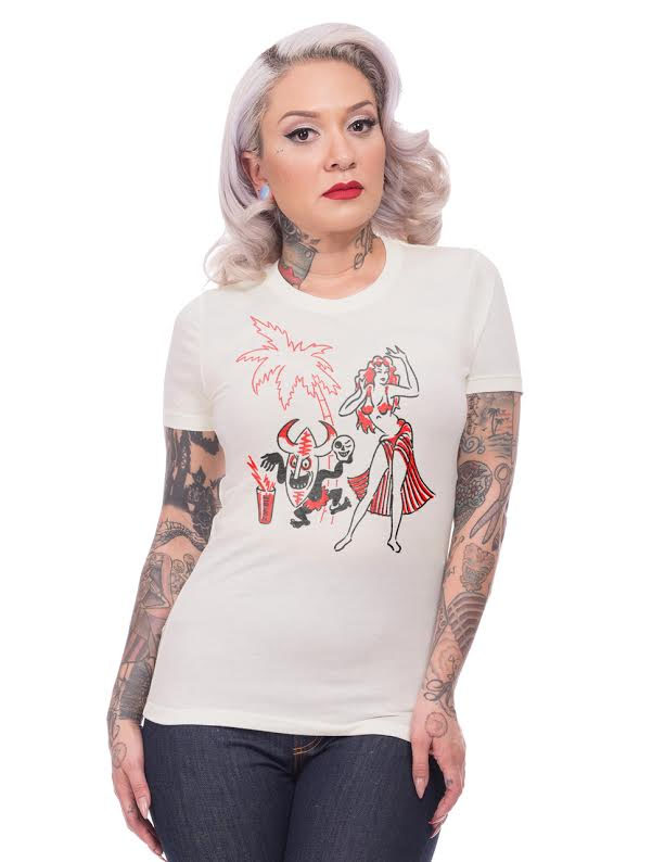 Tiki Lady Women's Retro Pinup Shirt by Steady Clothing - on Ivory - SALE sz M only
