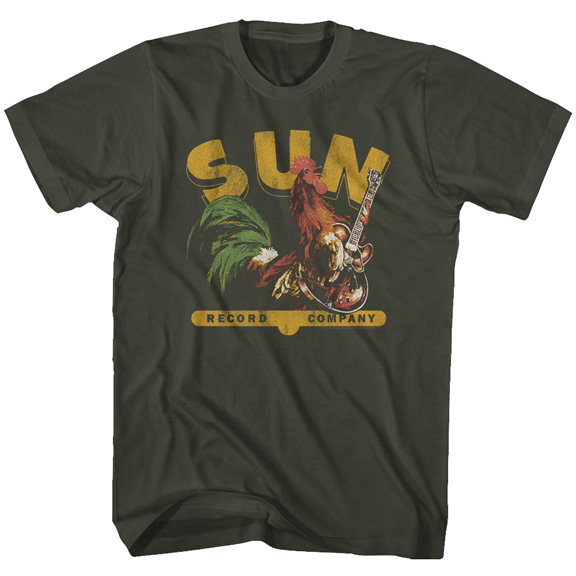 Sun Records- Rooster With Guitar on a charcoal ringspun cotton shirt
