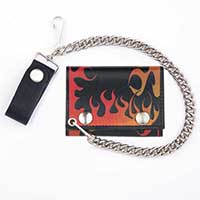 Flame Wallet- Black Leather Wallet with Orange And Red Flames (Comes With Chain)