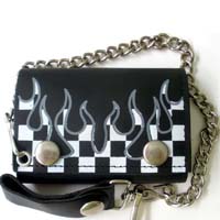 Flame Wallet- Black Leather Wallet with Checkerboard Flames (Comes With Chain)